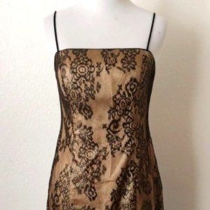 IGNITE EVENINGS BY CAROL LIN FORMAL COCKTAIL DRESS GOLD BLACK LACE FEATHERS SZ 6